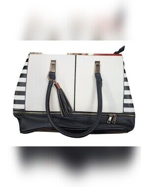 Women's Two-Tone Black and Cream Tote Bag with Tassel